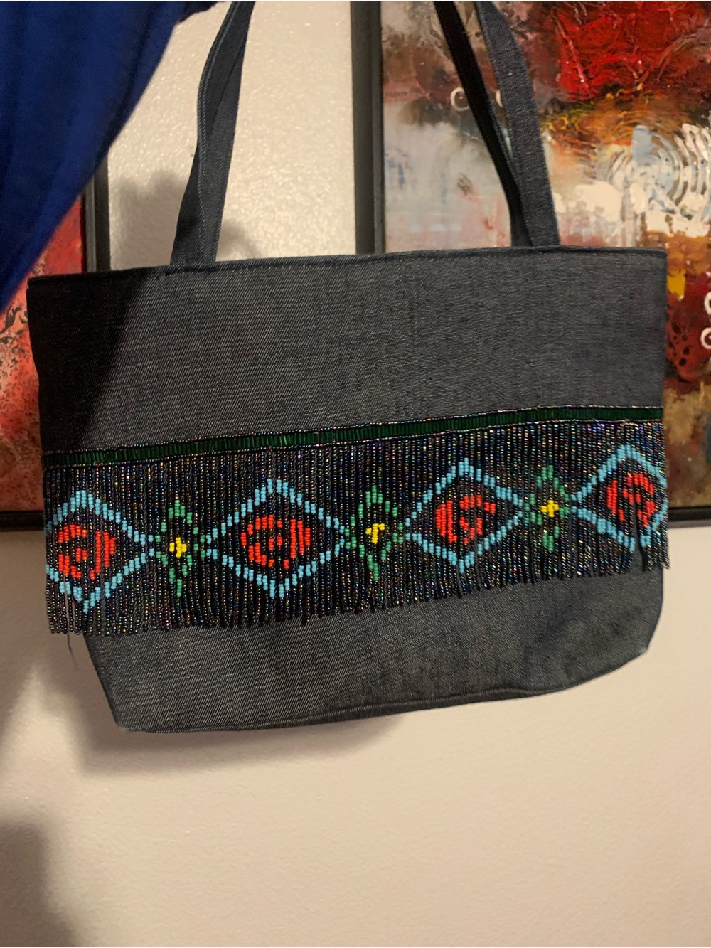 Beaded Fringe Tote Bag - with Multicolor Accents